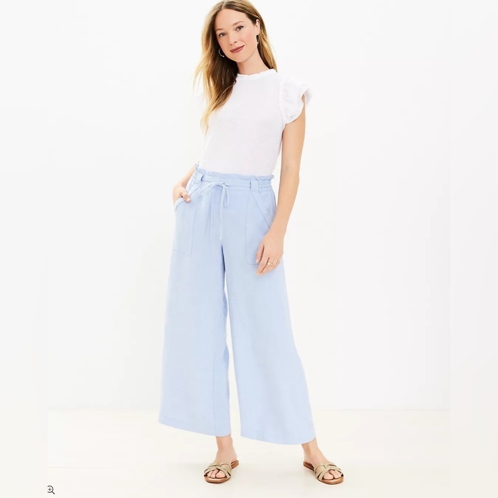 NWT LOFT Pull On Linen Blend Wide Leg Pants light blue small lightweight